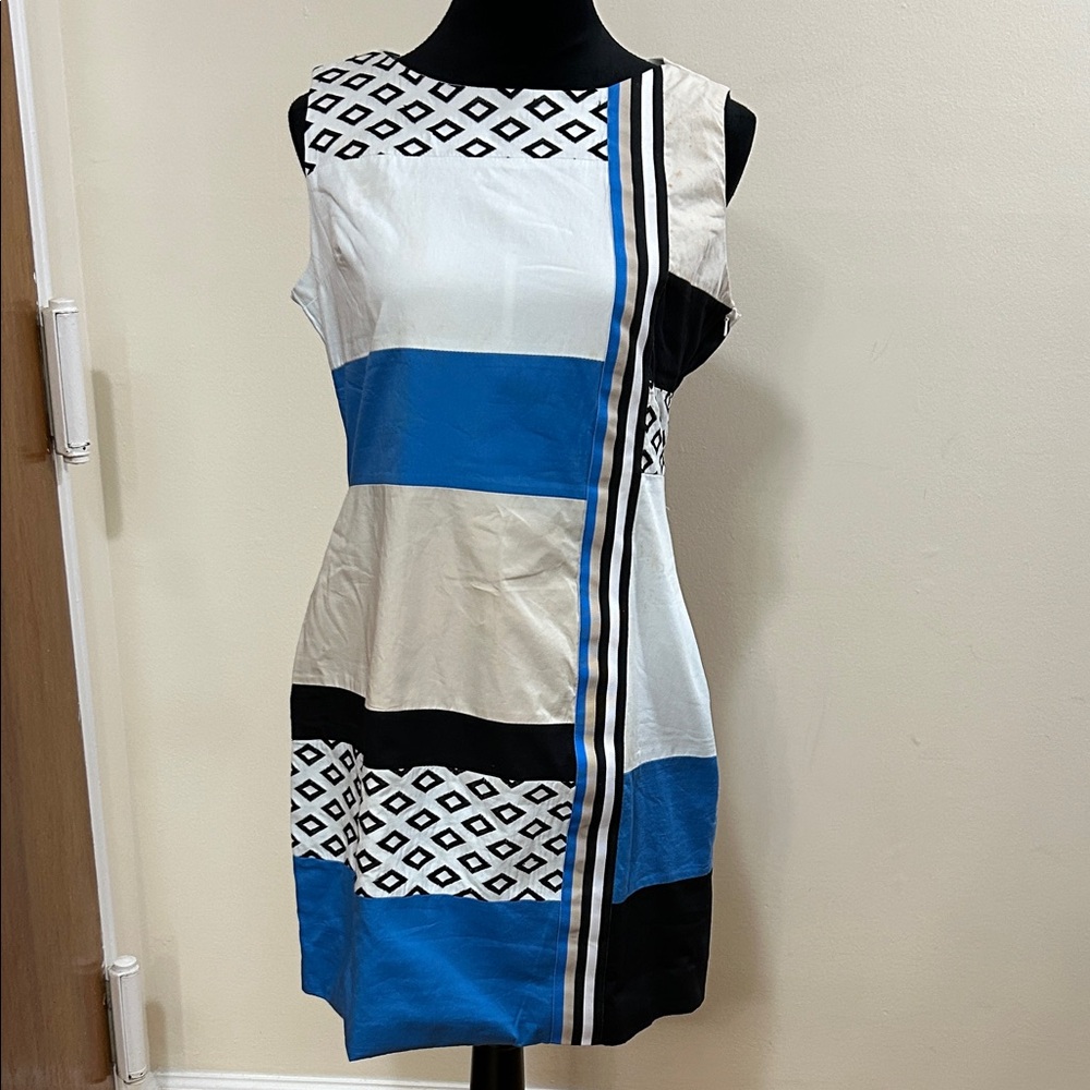 Mango Blue and Black Patterned Mini Dress/ little stain can be washed ( 1158 )